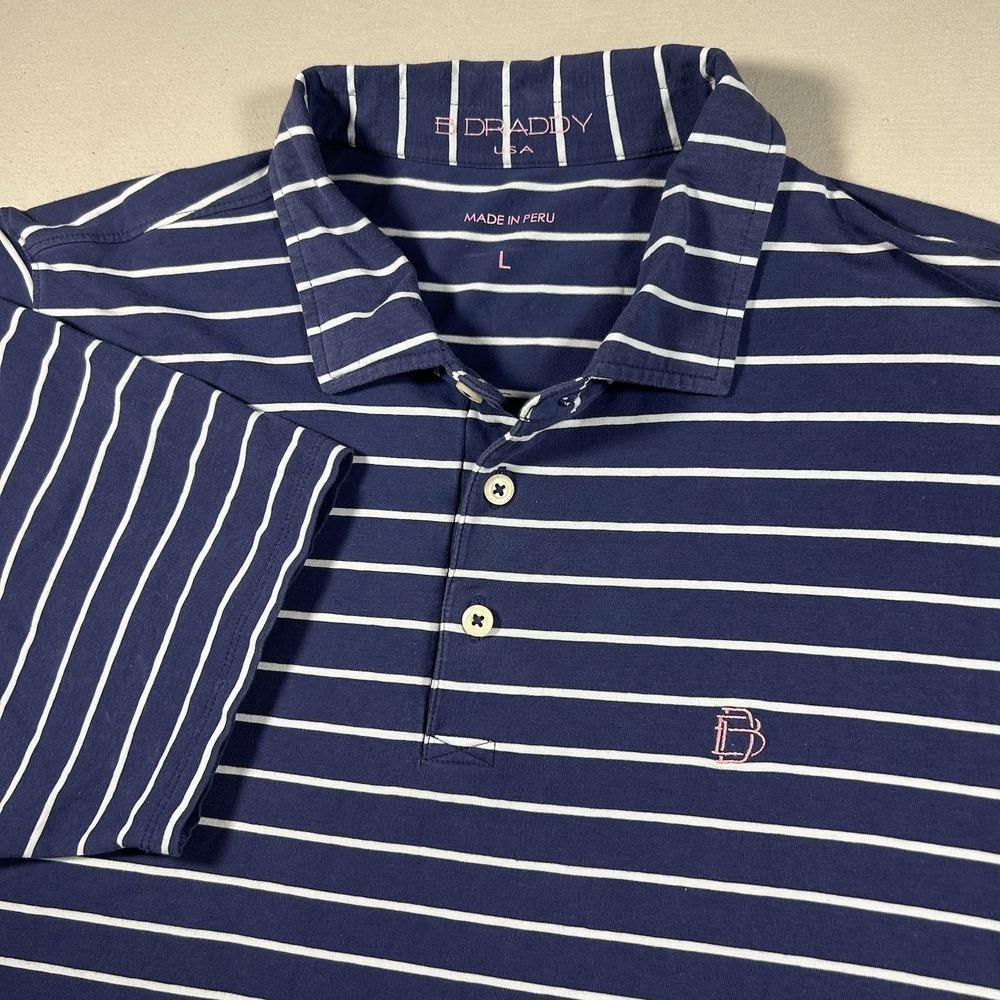 B.Draddy USA Men's Golf Polo Shirt Size L Navy White Stripe Pima Cotton Blend